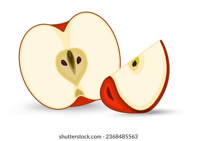 Two parts of apple sliced and cut into pieces, element of red fruity apple on isolated white background, healthy fruit concept, and Set of apples fruit, apple vector, illustration