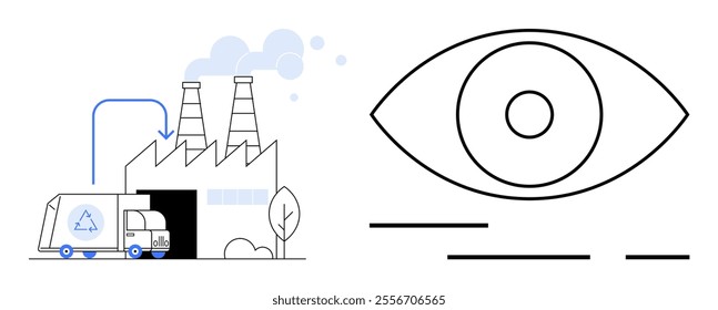 Two parts with a factory emitting smoke and a recycling truck, and a large eye on the right. Ideal for environmental awareness, industrial monitoring, sustainability, pollution control, and recycling