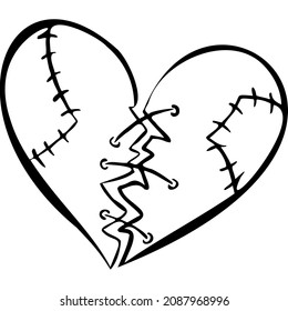 Two parts of a heart with patches sewn together with thread sketch vector illustration hand draw