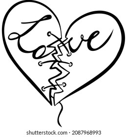 Two parts heart sewn together and thread and the inscription love sketch vector illustration hand draw