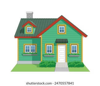 Two Parts House Icon front view in color emerald green, golden rod, carmine red and white, vector illustration isolated on white background, eps