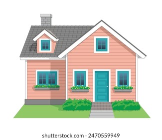 Two Parts House Icon front view in color peach, turquoise and white, vector illustration isolated on white background, eps