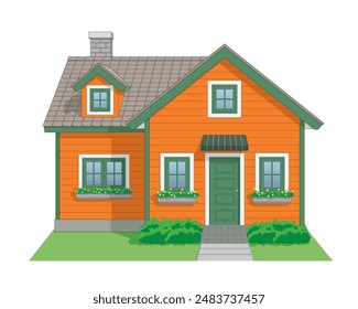 Two Parts House Icon front view in color orange, green and white, vector illustration isolated on white background, eps