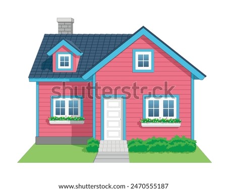 Two Parts House Icon front view in color french pink, sky blue and white, vector illustration isolated on white background, eps