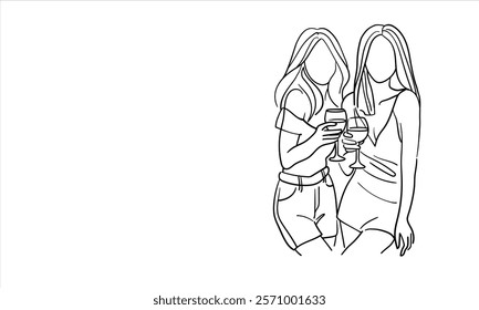 Two party girls continuous line art drawing isolated on white background. Hands toasting with wine glasses with drinks. Cheers toast festive decoration for holidays. Vector illustration