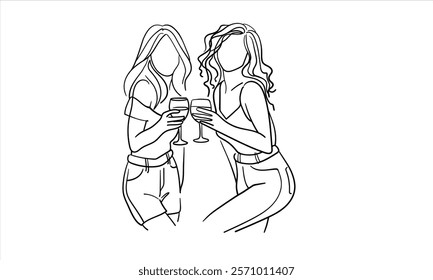 Two party girls continuous line art drawing isolated on white background. Hands toasting with wine glasses with drinks. Cheers toast festive decoration for holidays. Vector illustration