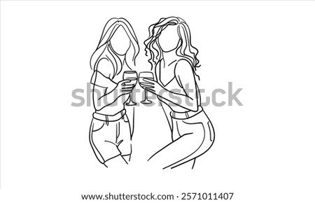 Two party girls continuous line art drawing isolated on white background. Hands toasting with wine glasses with drinks. Cheers toast festive decoration for holidays. Vector illustration