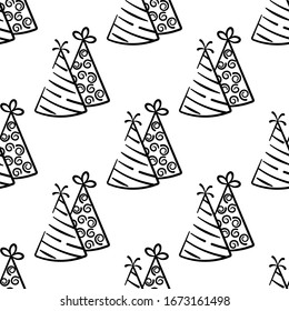 Two party hat vector seamless pattern on white background. Black and white holiday background hand-drawn. Design for textile, wrapping, print.