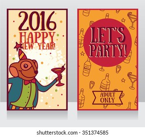 two party invitations for happy new year with monkey, vector illustration