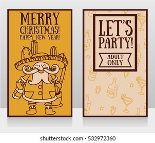 Two party posters for christmas with cute Santa Claus in mexican style, vector illustration