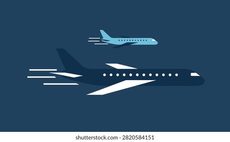 Two passenger airplanes flying at different altitudes through the dark blue night sky with speed motion lines.