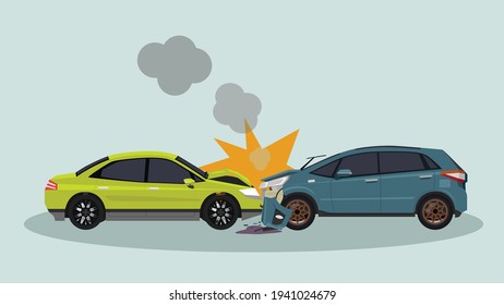 Two passenger cars crashes into a fatal collision. The front was severely damaged, unable to drive further. Smoke came out with a collision effect.