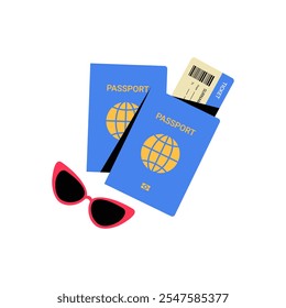 Two Passports With Boarding Pass And Sunglasses In Flat Vector Illustration Symbolizing Travel, Vacation, And Adventure, Isolated On White Background