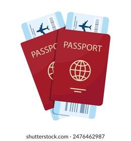 Two passports with boarding passes. Airplane tickets inside passports. Air travel concept. Tourism concept. Vector illustration