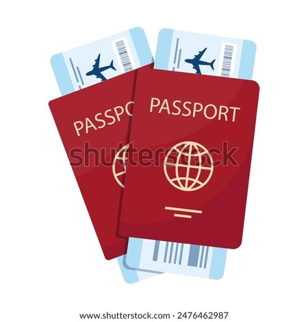 Two passports with boarding passes. Airplane tickets inside passports. Air travel concept. Tourism concept. Vector illustration