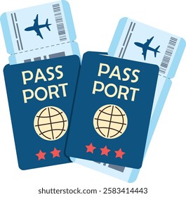 Two passports with boarding passes inside. Airplane tickets in cartoon stylisation. Travel and tourism vector concept in flat style