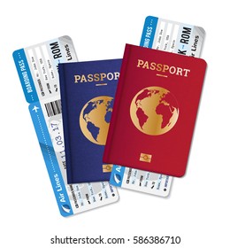 Two passports with boarding passes tickets realistic set  international air travel agency advertisement poster image vector illustration