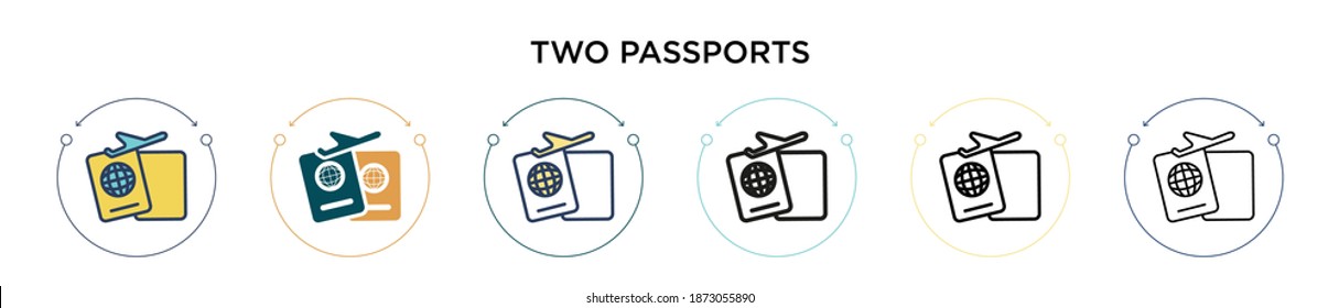 Two passports icon in filled, thin line, outline and stroke style. Vector illustration of two colored and black two passports vector icons designs can be used for mobile, ui, web