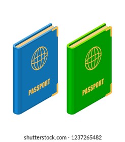 Two passports in isometric style on a white background. Vector illustration of official identity card for travel and residence, emigration and residence permit. Identity document sign