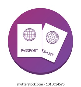 Two passports sign illustration. Vector. White icon with flat shadow on purpureus circle at white background. Isolated.