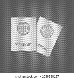 Two passports sign illustration. Vector. White knitted icon on gray knitted background. Isolated.