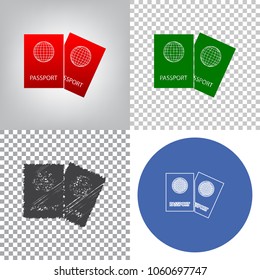 Two passports sign illustration. Vector. 4 styles. Red gradient in radial lighted background, green flat and gray scribble icons on transparent and linear one in blue circle.