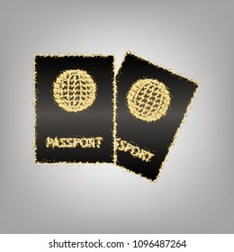 Two passports sign illustration. Vector. Blackish icon with golden stars at grayish background.