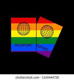 Two passports sign illustration. Vector. Icon with colors of LGBT flag at black background.