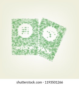Two passports sign illustration. Vector. Green hexagon rastered icon and noised opacity and size at light green background with central light.