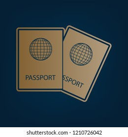 Two passports sign illustration. Vector. Golden icon and border at dark cyan background.