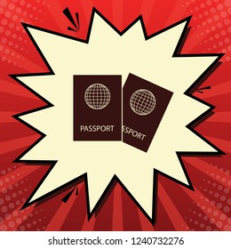Two passports sign illustration. Vector. Dark red icon in lemon chiffon shutter bubble at red popart background with rays.