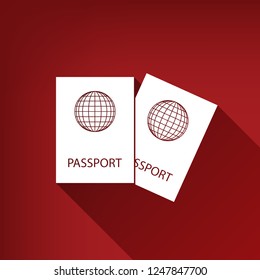 Two passports sign illustration. Vector. White icon with limitless shadow at ruby red background.
