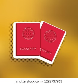 Two passports sign illustration. Vector. Magenta icon with darker shadow, white sticker and black popart shadow on golden background.