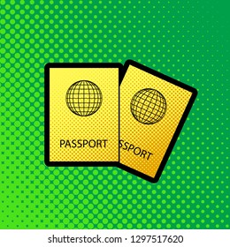Two passports sign illustration. Vector. Pop art orange to yellow dots-gradient icon with black contour at greenish background.