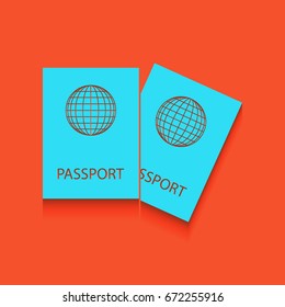 Two passports sign illustration. Vector. Blue icon with soft shadow putted down on flamingo background.