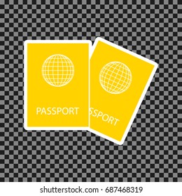 Two passports sign illustration. Vector. Yellow icon with white contour on dark transparent background.
