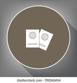 Two passports sign illustration. Vector. White icon on brown circle with white contour and long shadow at gray background. Like top view on postament.