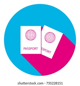 Two passports sign illustration. Vector. Flat white icon with mexican pink shadow inside sky blue(S and G) circle at white background. Isolated. Trend colors in 2017.