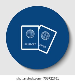 Two passports sign illustration. Vector. White contour icon in dark cerulean circle at white background. Isolated.