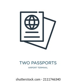 two passports thin line icon. passport, two linear icons from airport terminal concept isolated outline sign. Vector illustration symbol element for web design and apps.