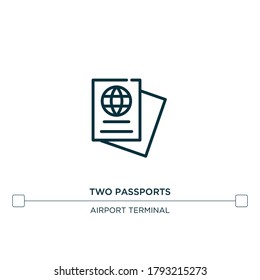two passports vector line icon. Simple element illustration. two passports outline icon from airport terminal concept. Can be used for web and mobile
