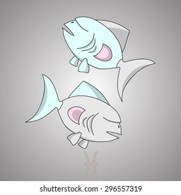 Two pastel blue Pisces. Grey background. Cartoon zodiac series.