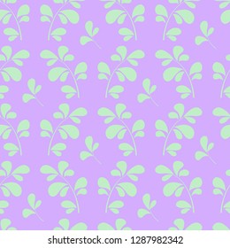 Two pastel color trendy simple damask leafy scrolls, abstract green branch on pastel purple, vector seamless pattern.