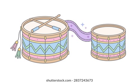 Two pastel colored drums connected by a magical purple ribbon with drumsticks resting on the larger drum and decorative tassels hanging from the side