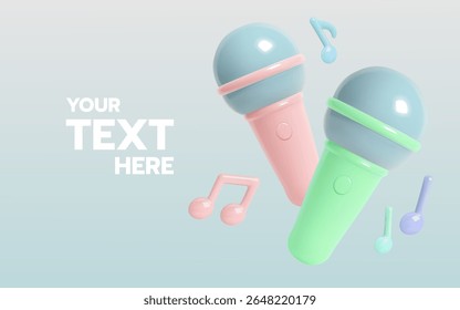 Two pastel-colored 3D microphones surrounded by vibrant musical notes, creating a lively and modern music-themed design.

