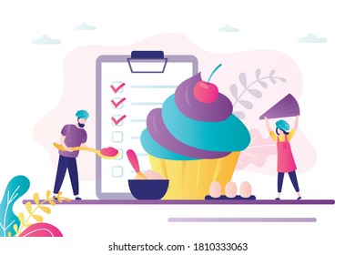 Two pastry chefs decorate big cupcake. Professional confection chefs. Cute woman in uniform. Male character holds spoon. Concept of sweets production, bakery process and business. Vector illustration