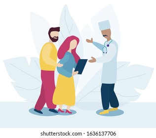 two patients couple are talking to doctor about the results of treatment. A woman holds a paper with a diagnosis. Excitement. doctor explains. Trendy flat vector style. Concept evidence-based medicine
