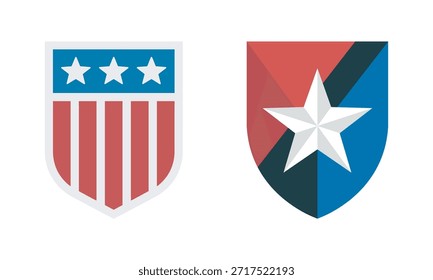 Dos emblemas patrióticos con estrellas y rayas en colores rojo, blanco y azul