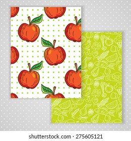 Two pattern card design with clean eating illustration background. Vector design template for card, letter, banner, menu. Appetizing healthy food pattern under mask.