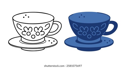 Two patterned cups and saucers. Hand drawn clip art for your project.